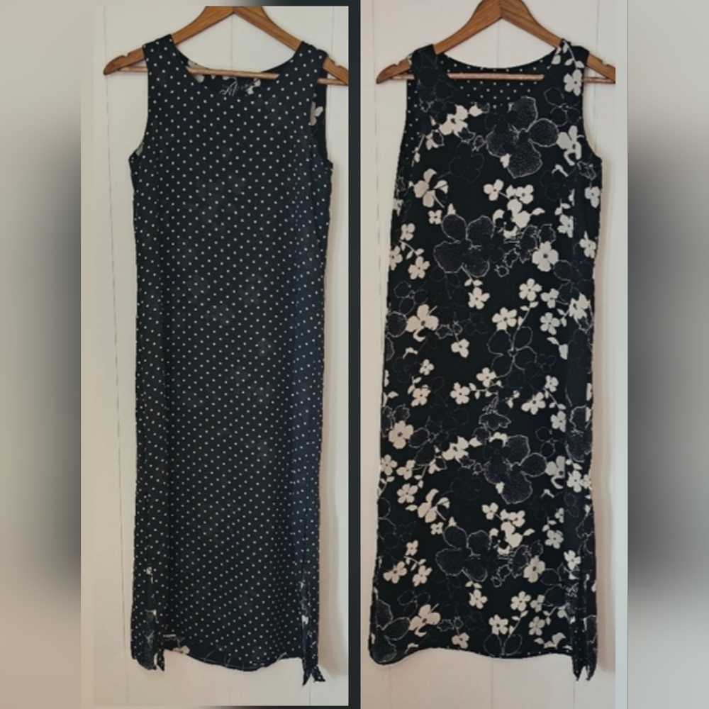 Vintage 90s black and white polka dot/floral reversible shift midi dress